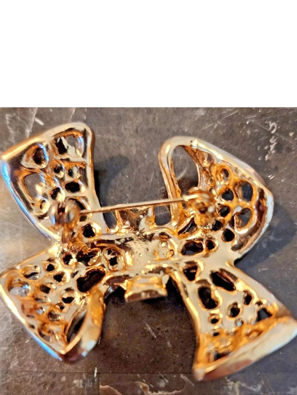Bow Vintage Brooch  Gold Tone with Multicolor Rhinestones - Picture 2 of 10